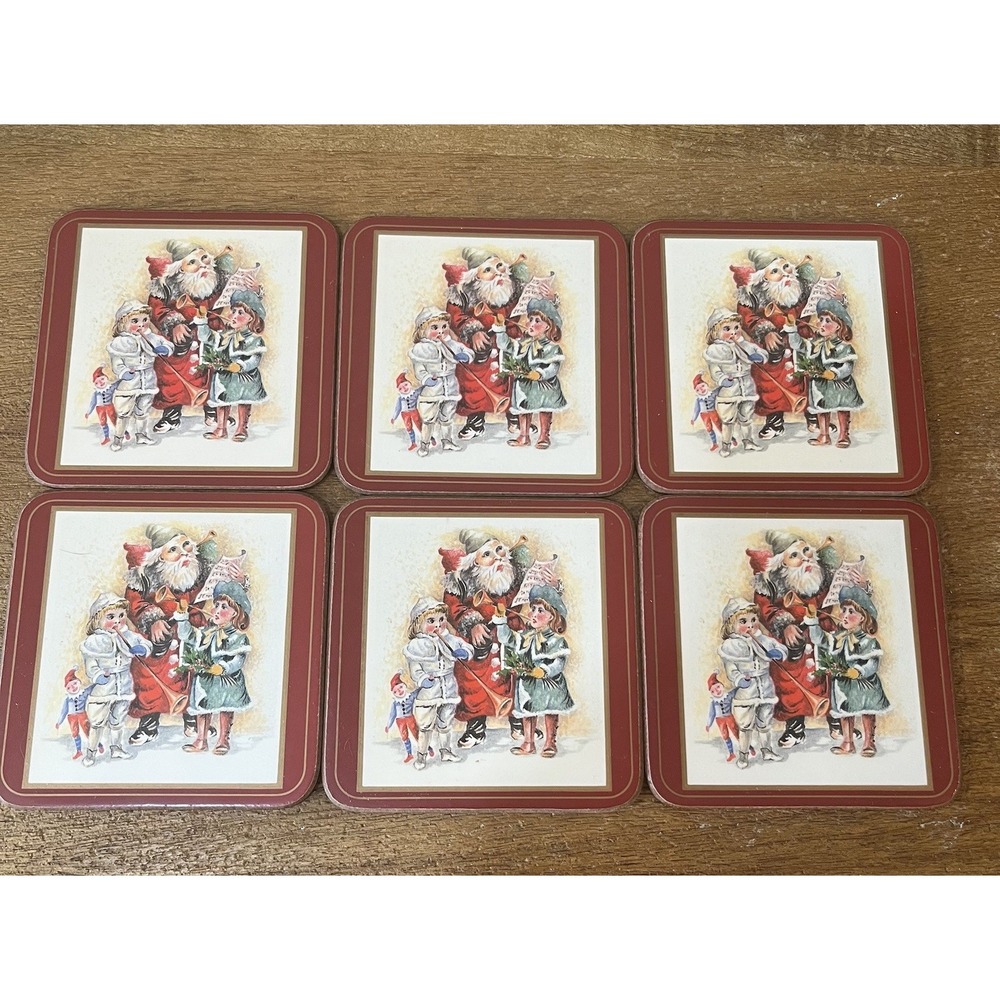 VTG Pimpernel Father Christmas Coasters Set 6 England Cork Back Santa St. Nick